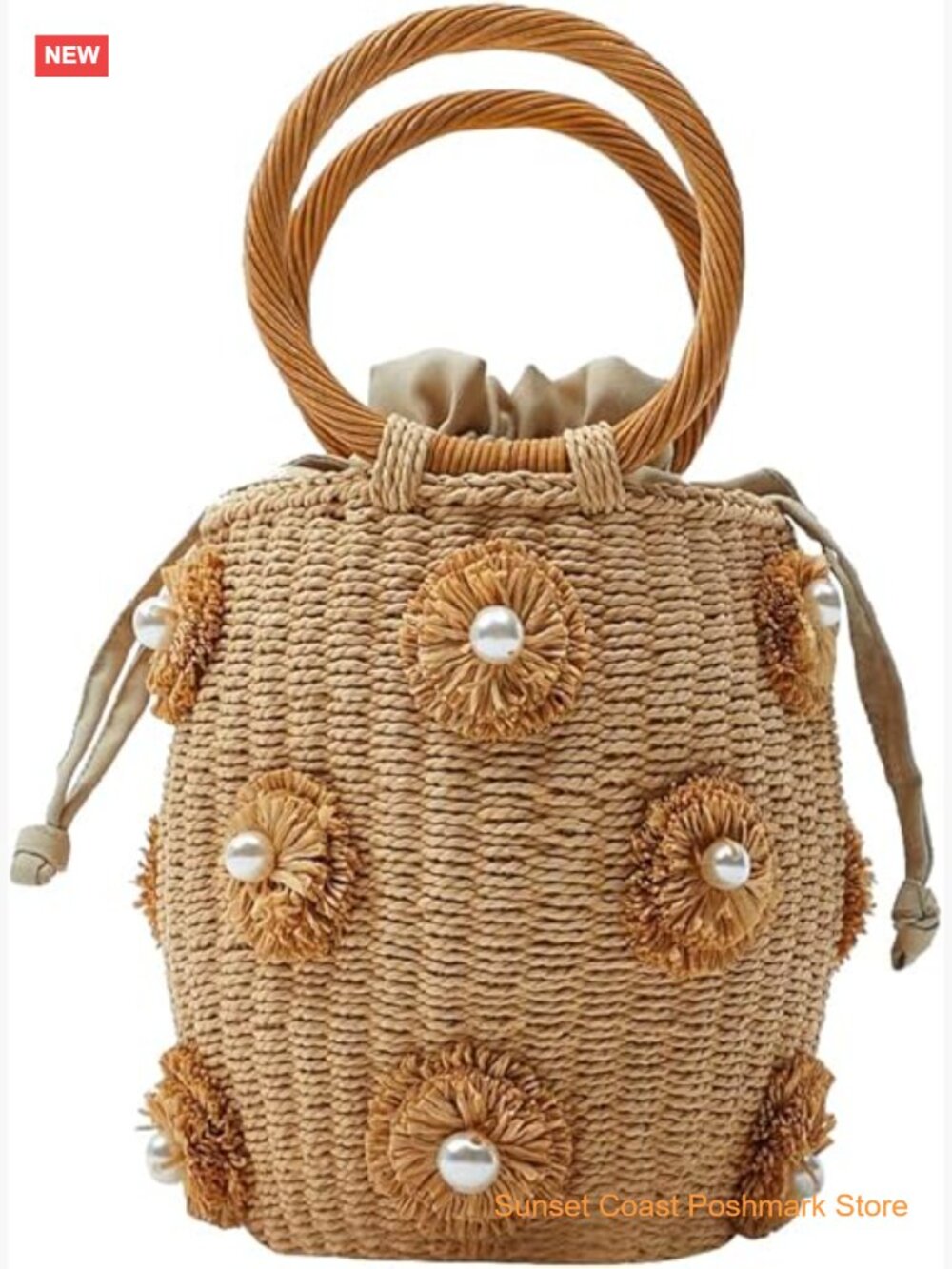 Straw Woven Bucket Tote Bag With Shell Embellishments Handbag